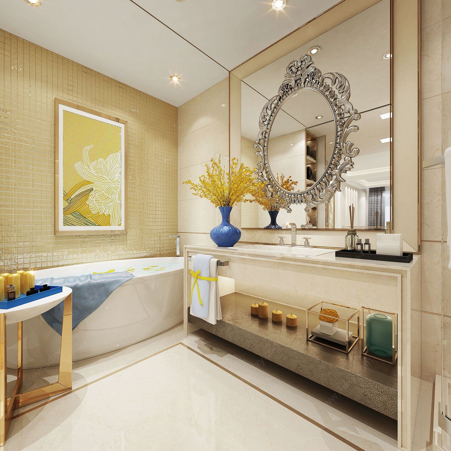 金色墙面瓷砖壁画主题卫浴3D模型