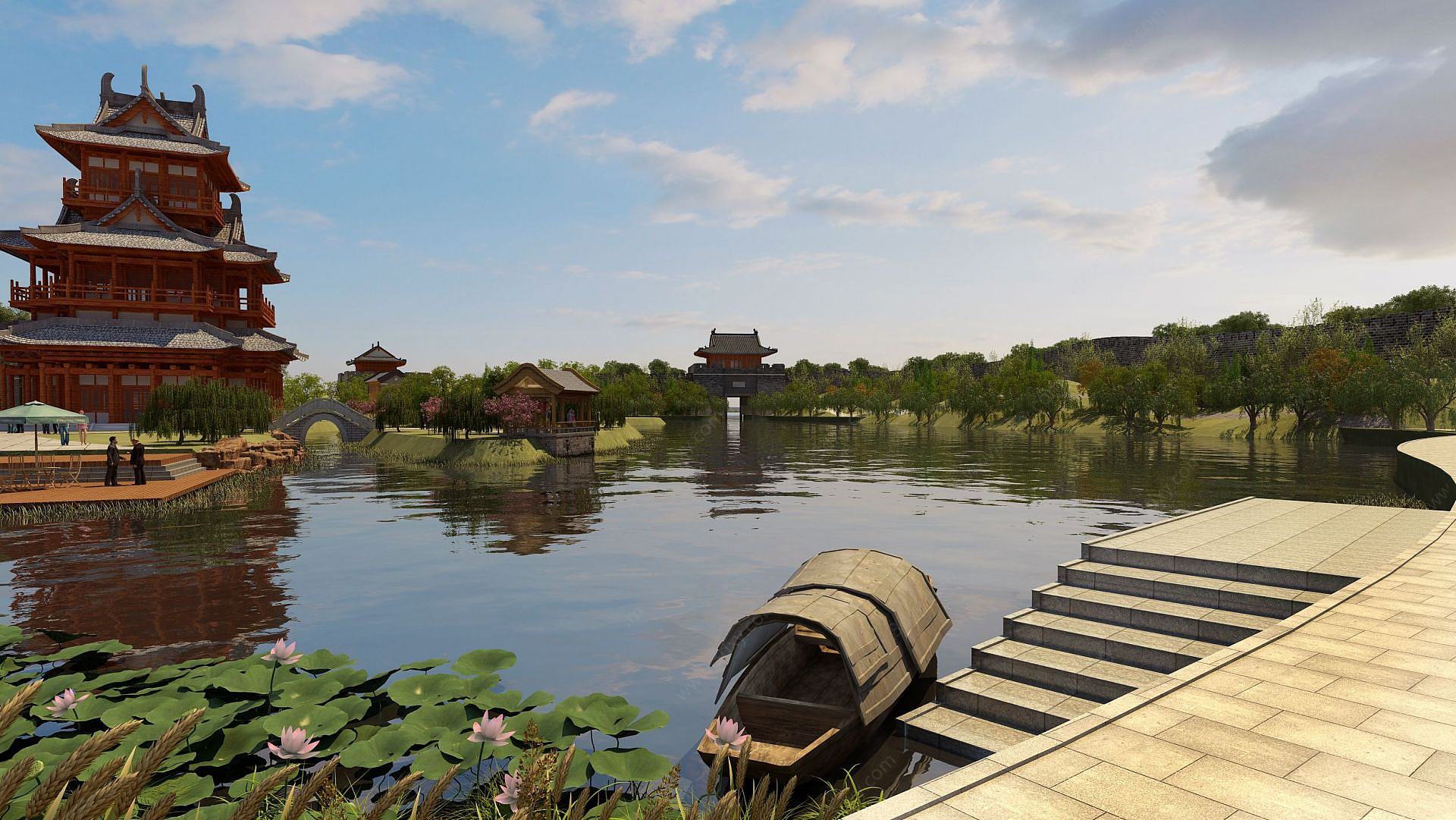 公园塔楼湖面荷花船3D模型