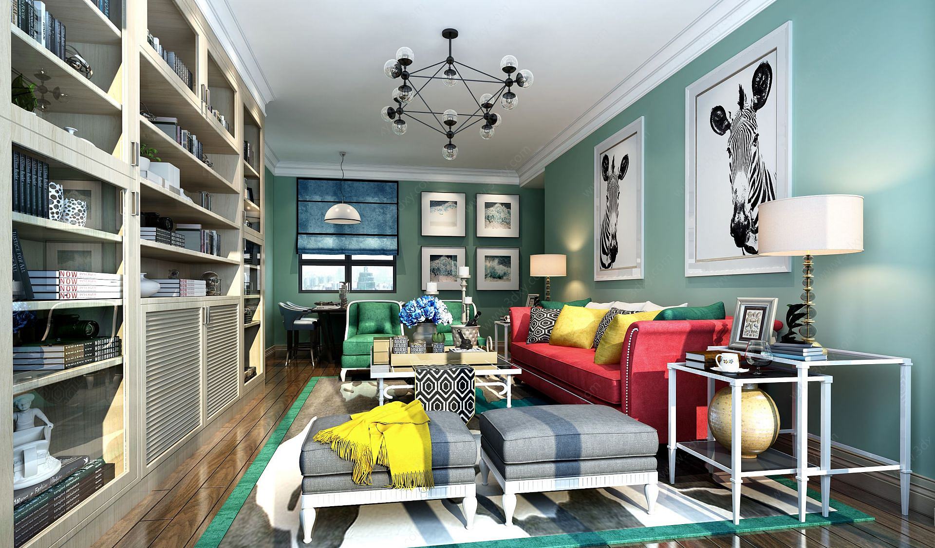 现代沙发斑马壁画主题客厅3D模型