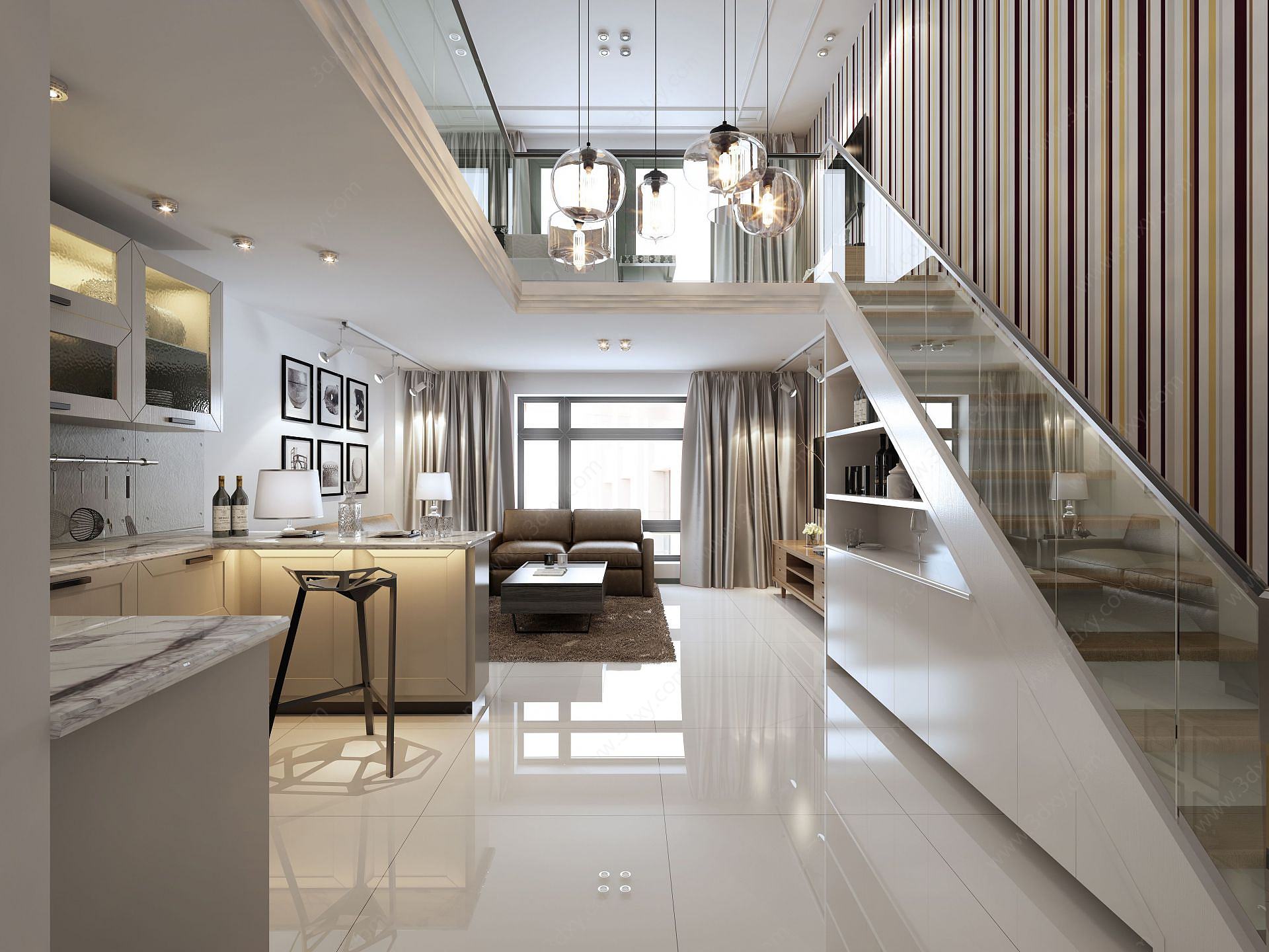 现代客厅吧台楼梯3D模型