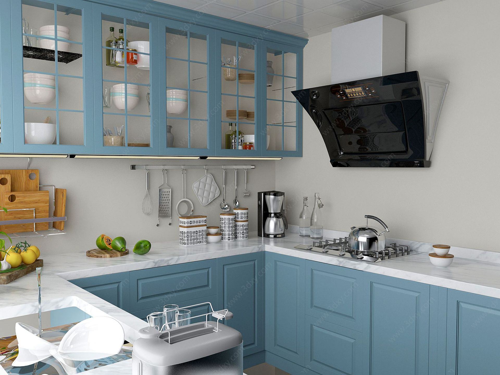 现代蓝主题风格厨房3D模型
