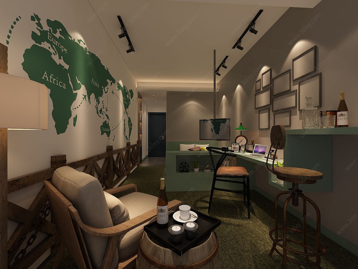 国际航线壁画特色客厅3D模型