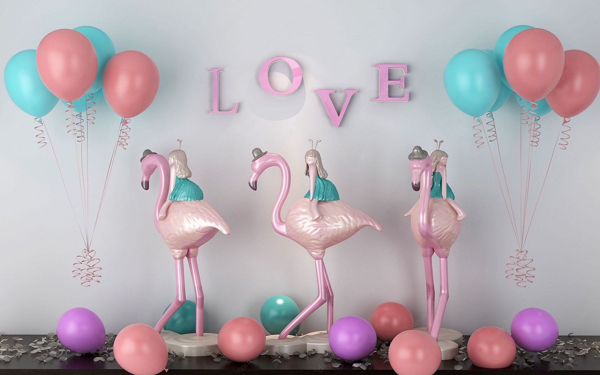 火烈鸟少女气球装饰品3D模型