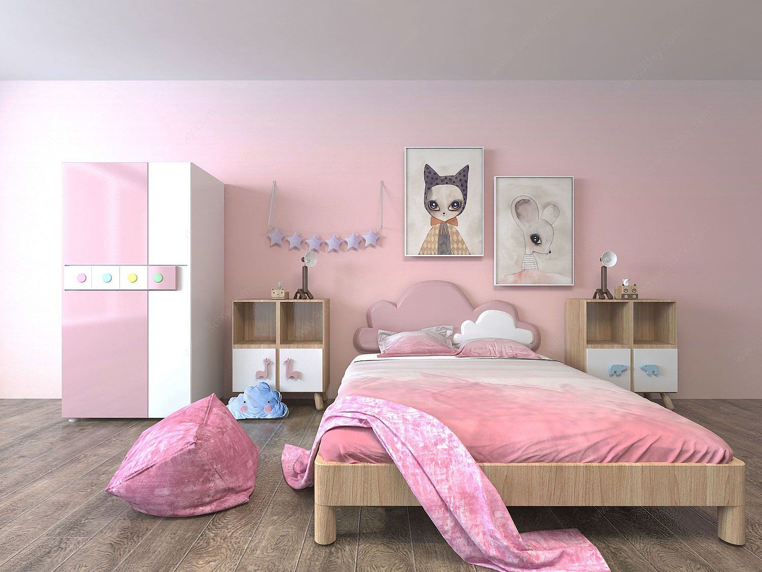 粉红儿童房家具组合3D模型