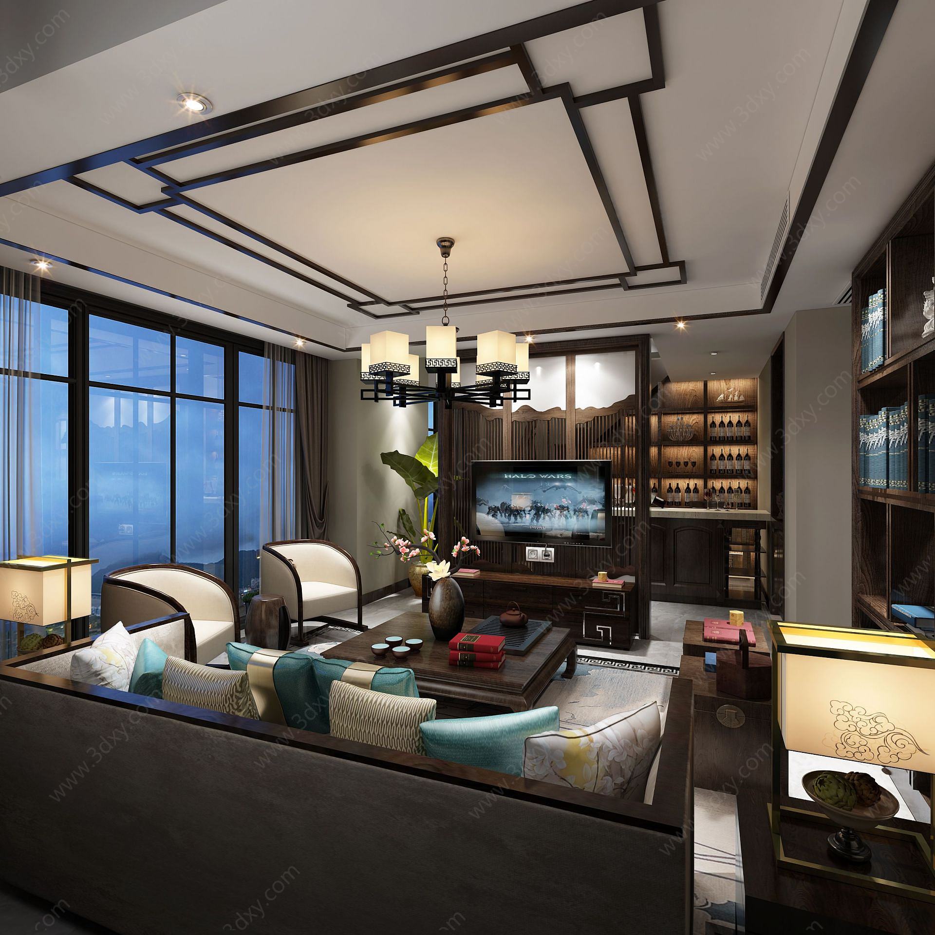 中式客厅沙发酒柜3D模型