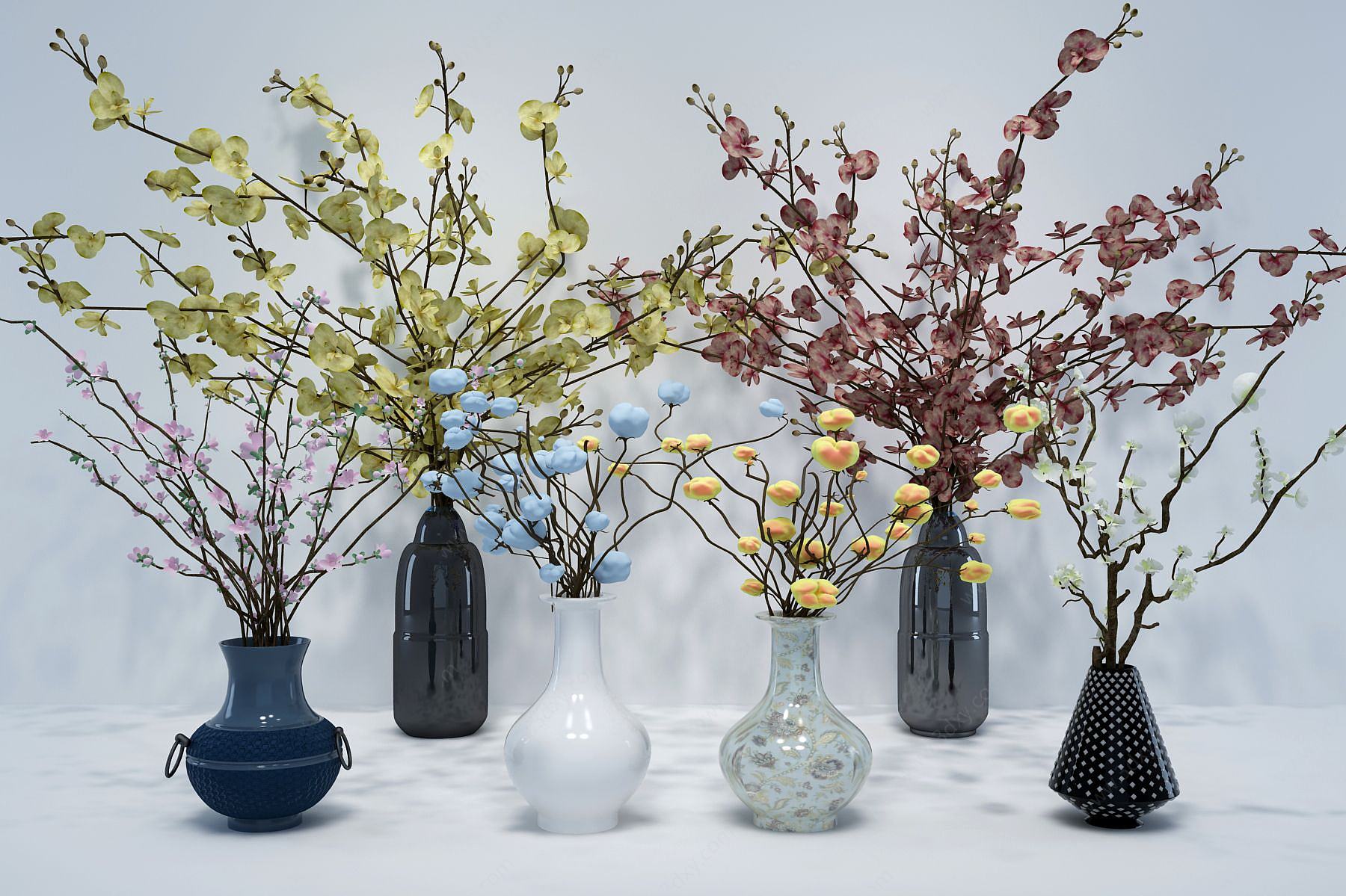 中式花瓶花卉干支组合3D模型