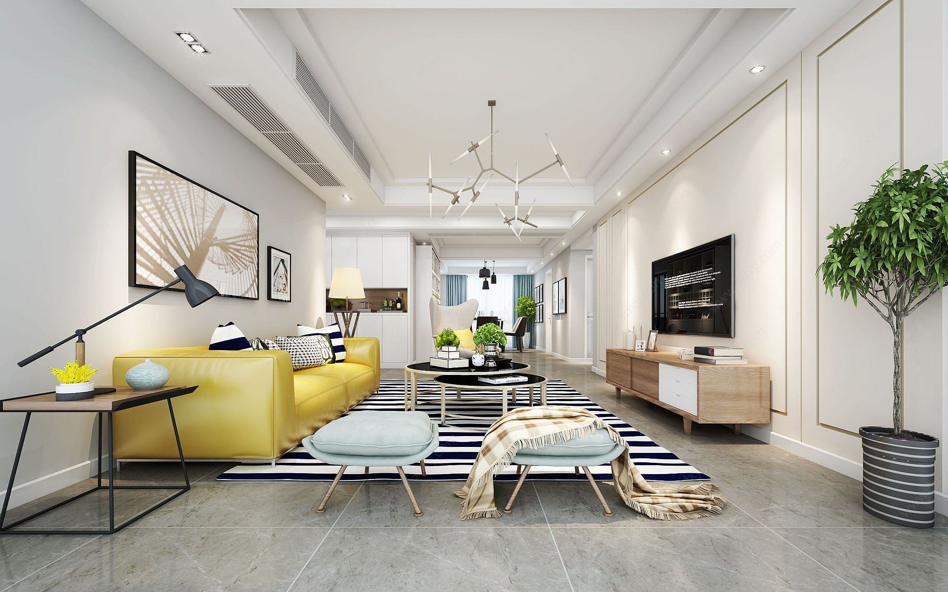 现代客厅黄色皮沙发3D模型