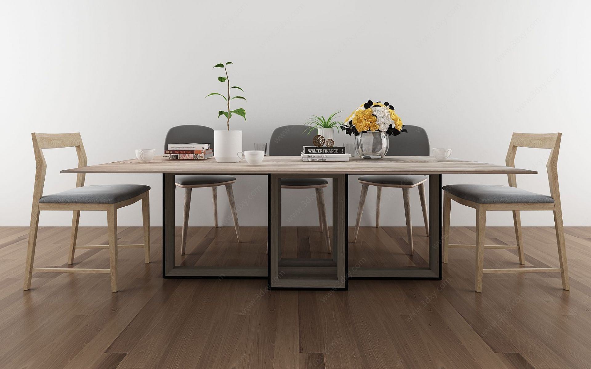 现代简约木艺餐桌椅组合3D模型