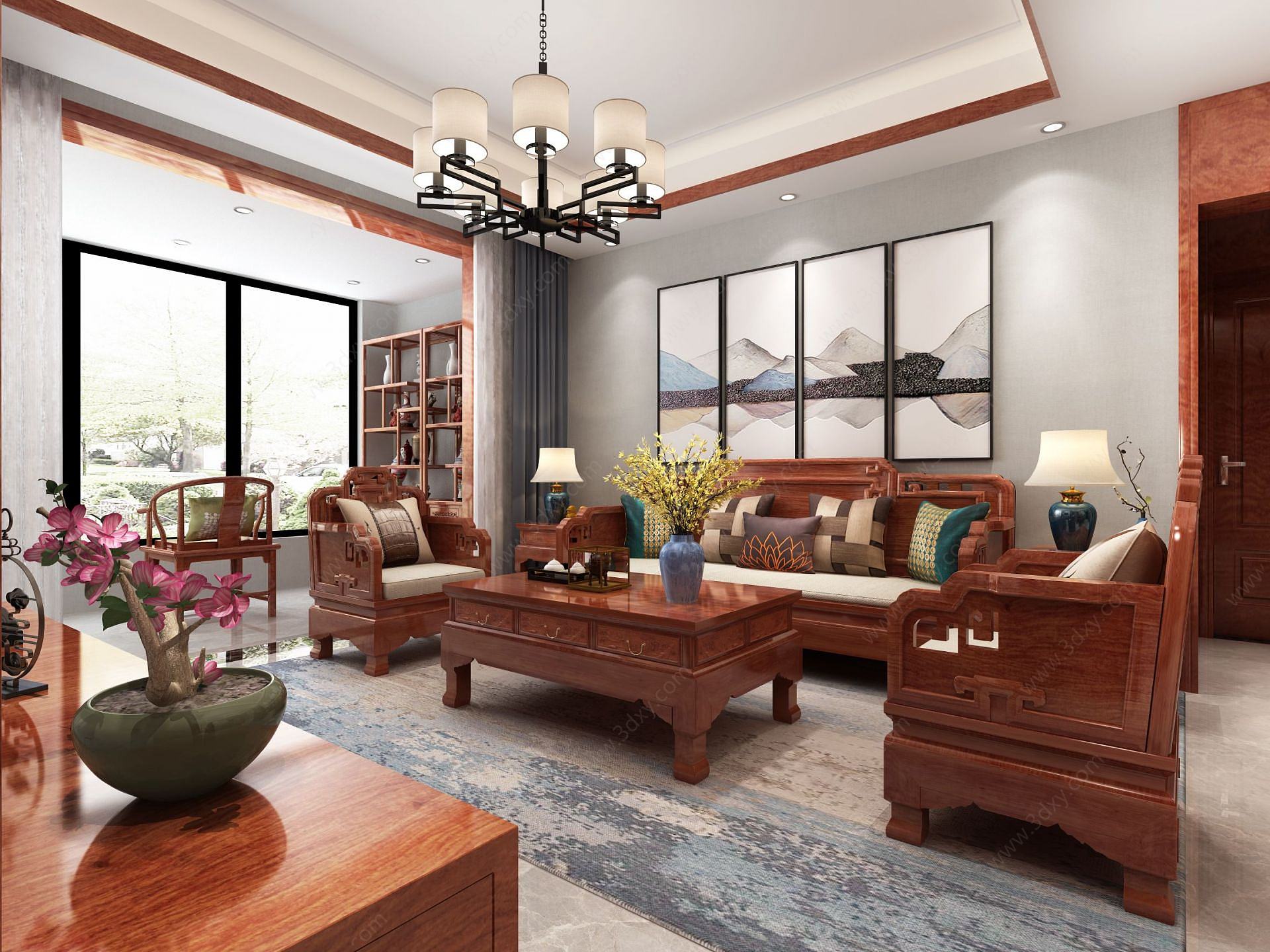 新中式客厅红木家俱 – 设计本装修效果图