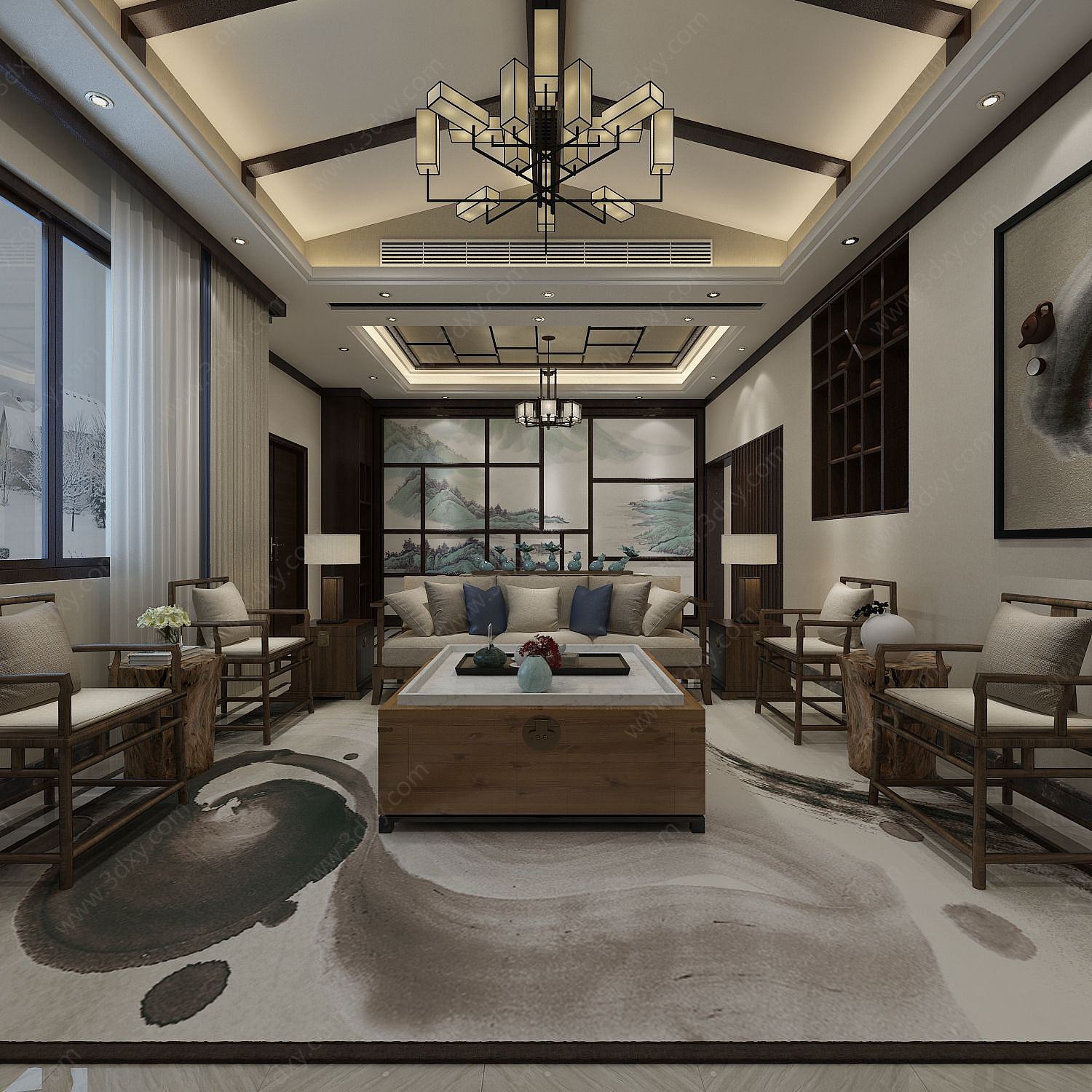 现代新中式客厅3D模型