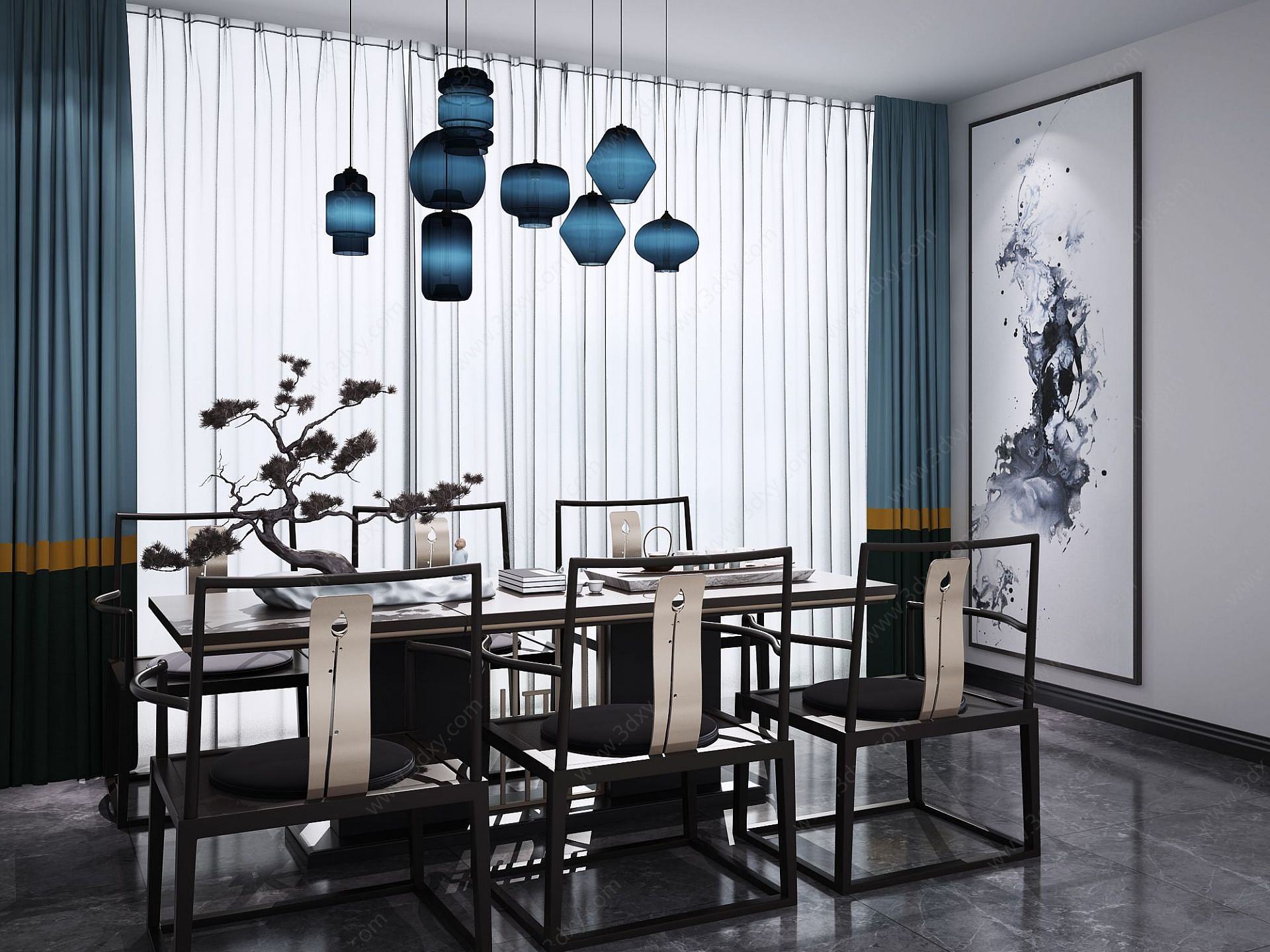 新中式休闲餐桌椅吊灯组合3D模型