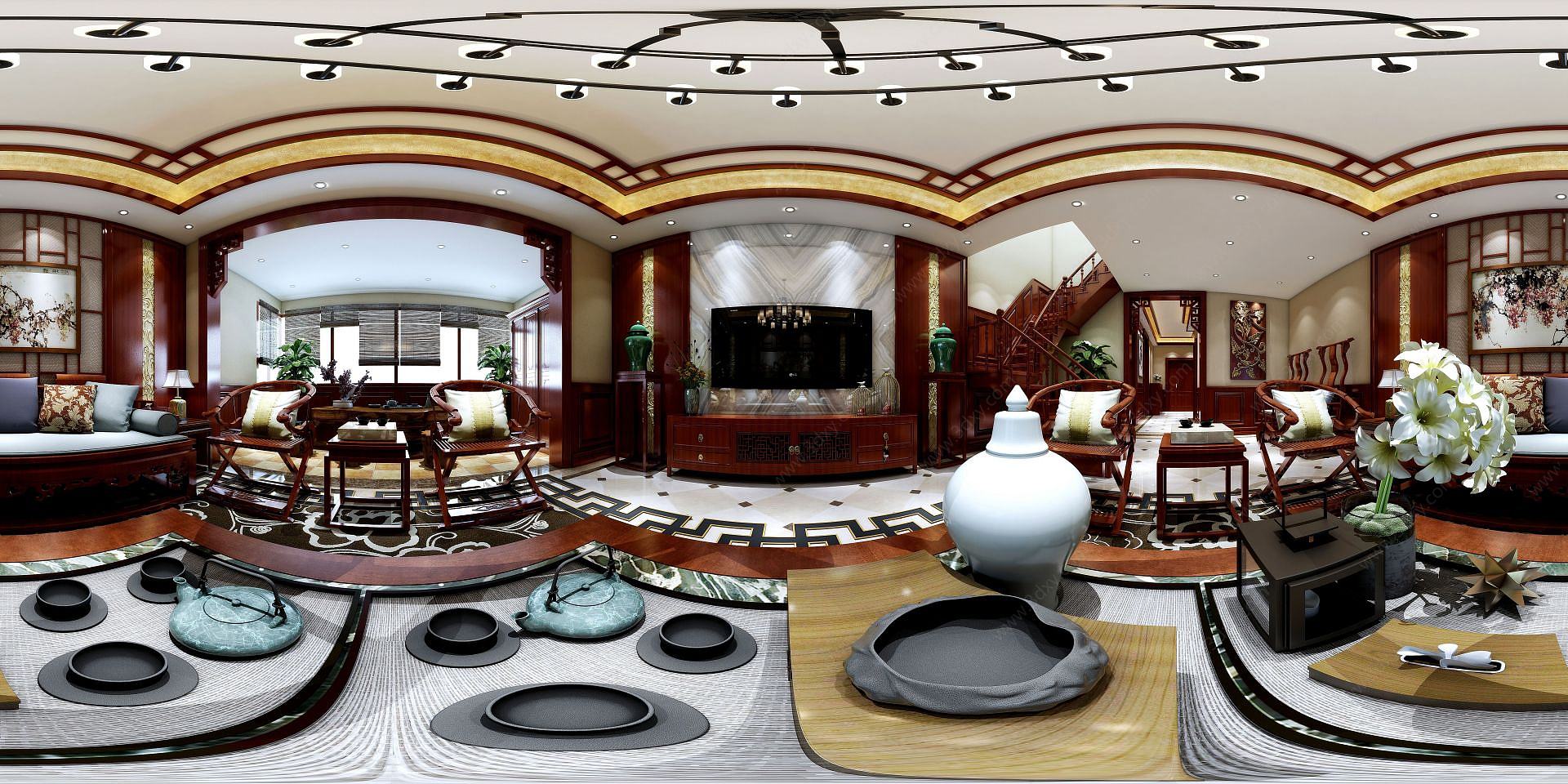 别墅中式客厅椅子楼梯3D模型
