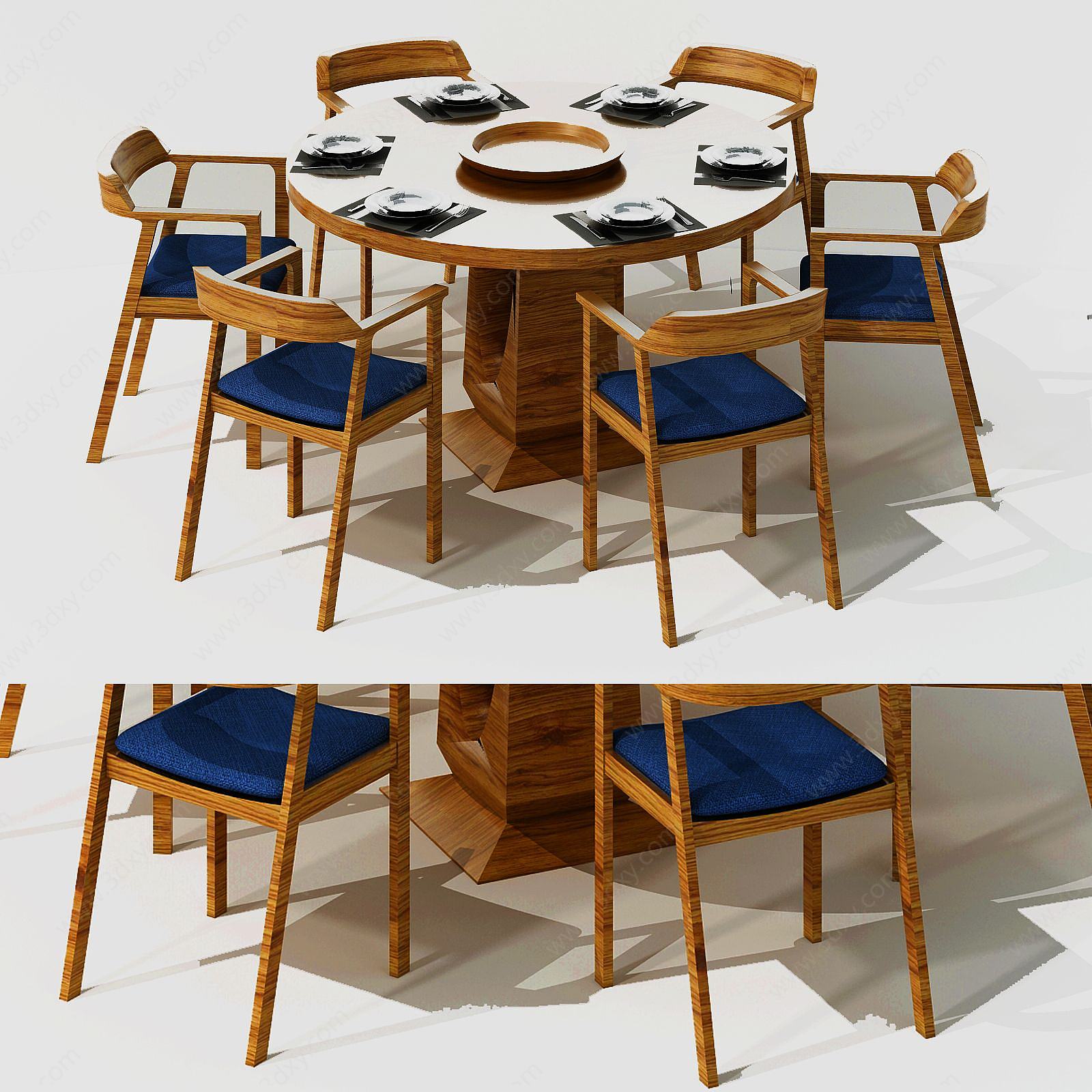 现代木圆桌椅组合3D模型