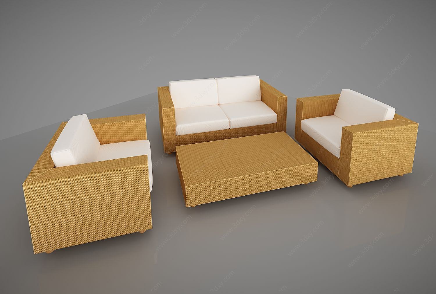 简约竹编沙发茶几组合3D模型