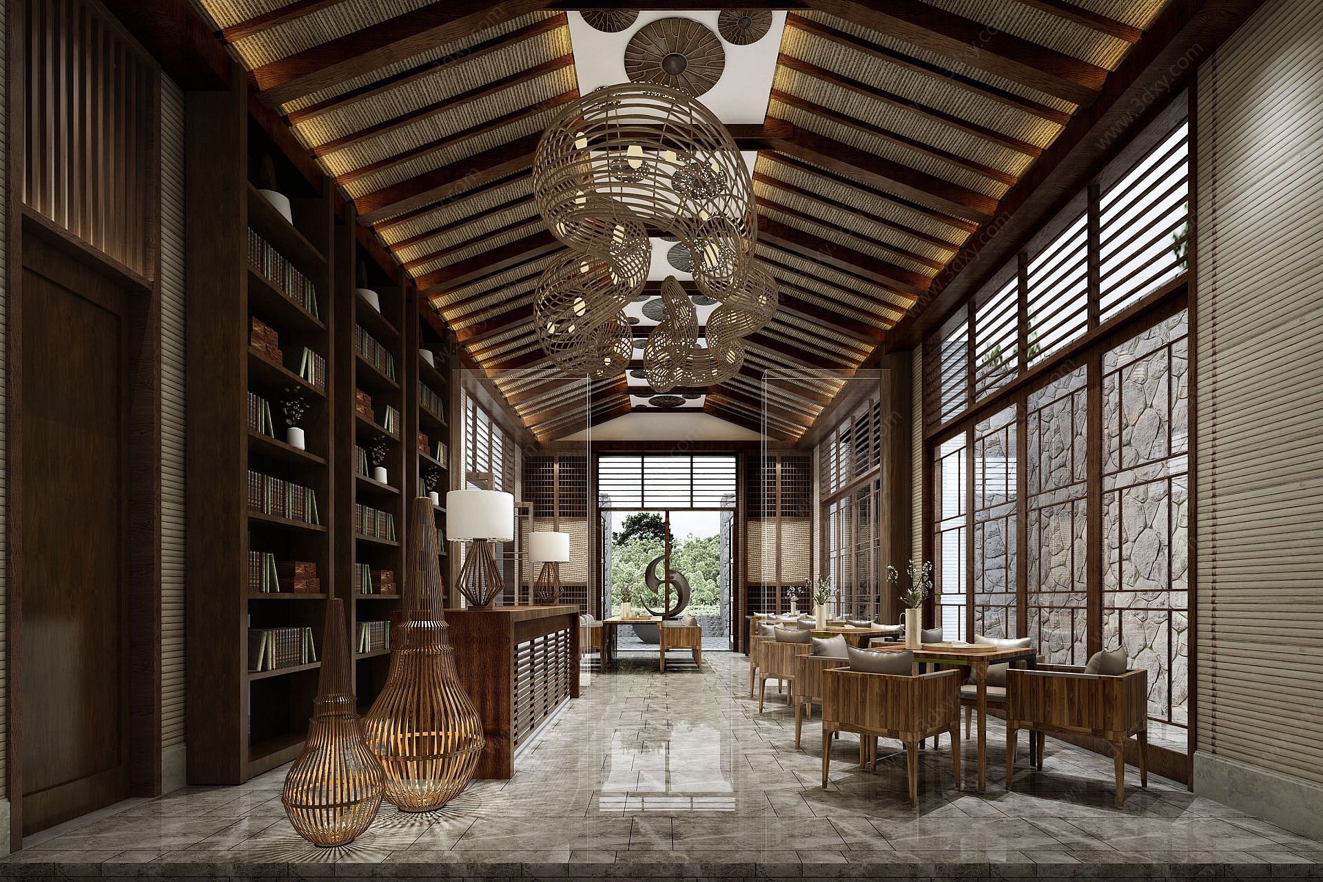 新中式餐厅餐馆空间3D模型