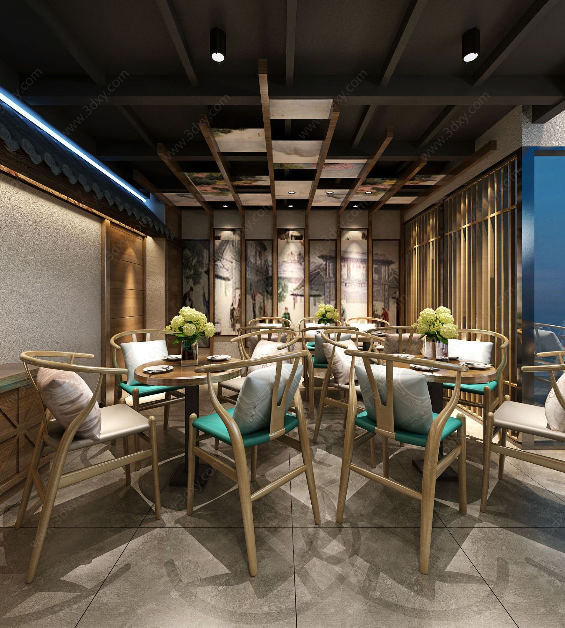 新中式餐厅餐馆空间3D模型