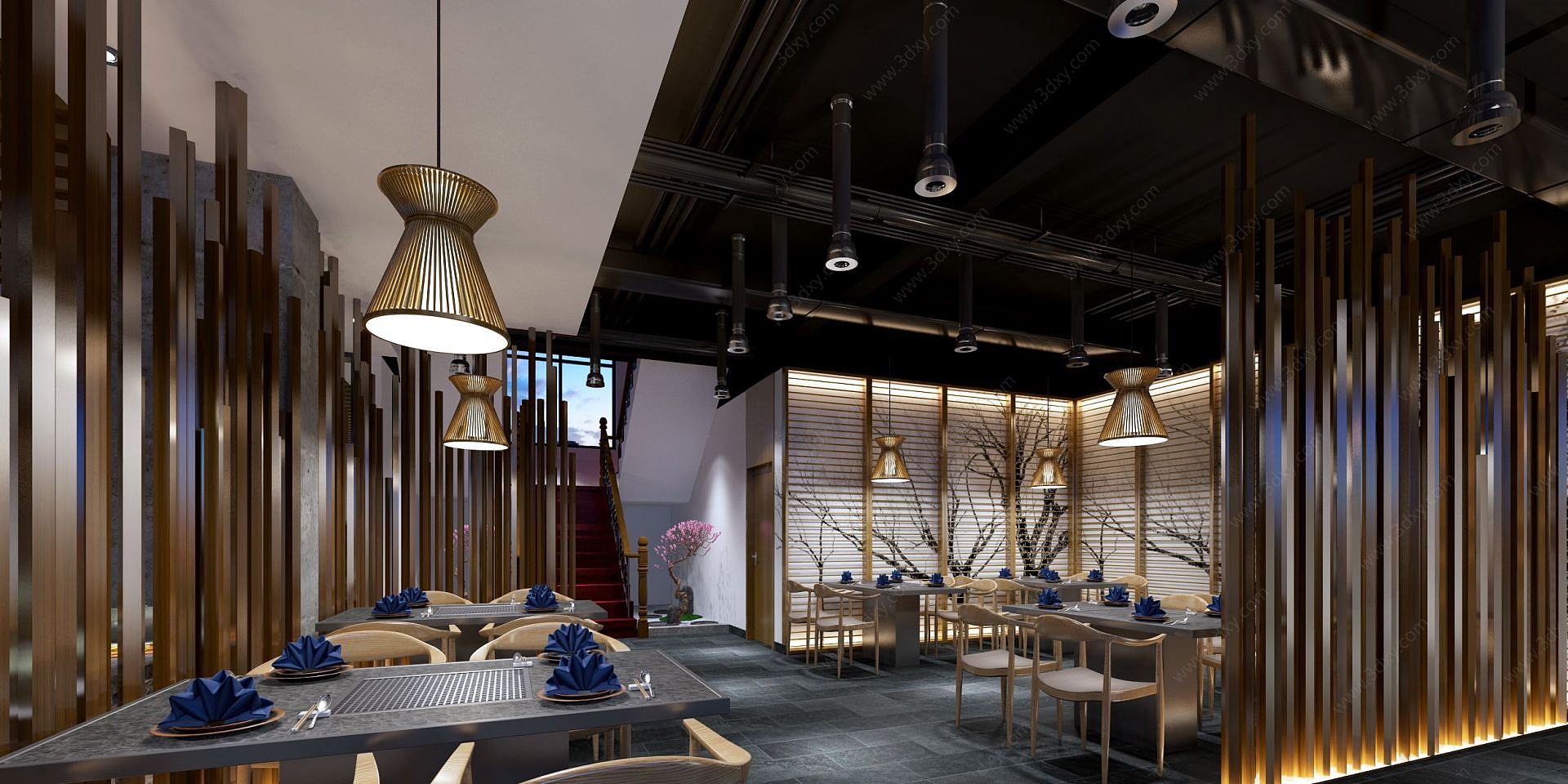 新中式餐厅餐馆3D模型