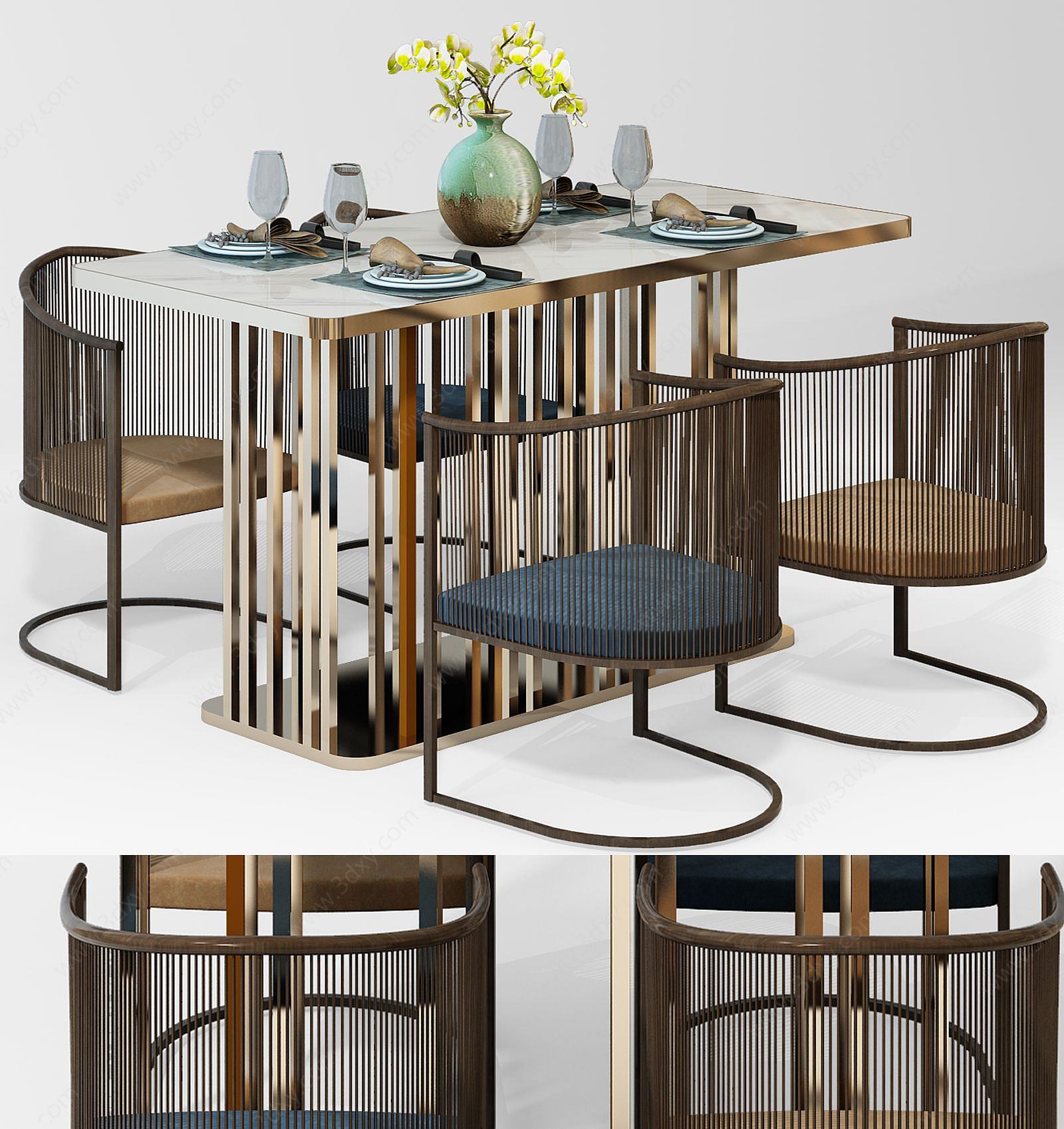 中式金属餐桌椅3D模型