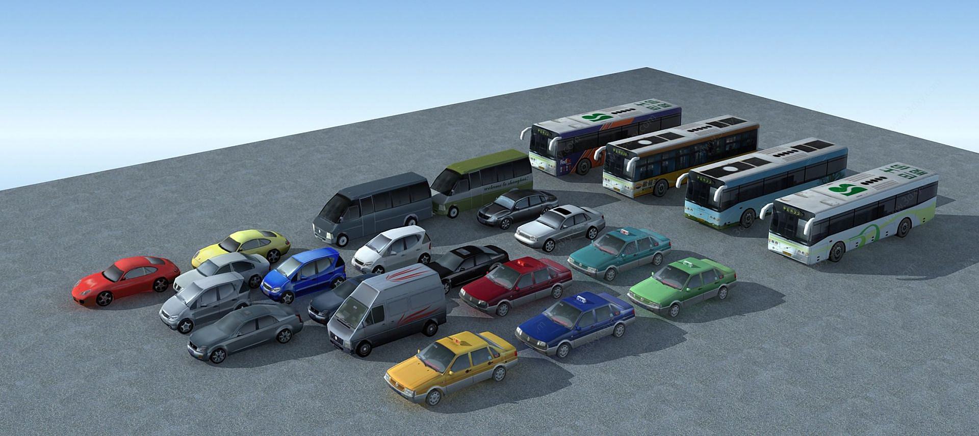 小汽车家用轿车公交车组合3D模型