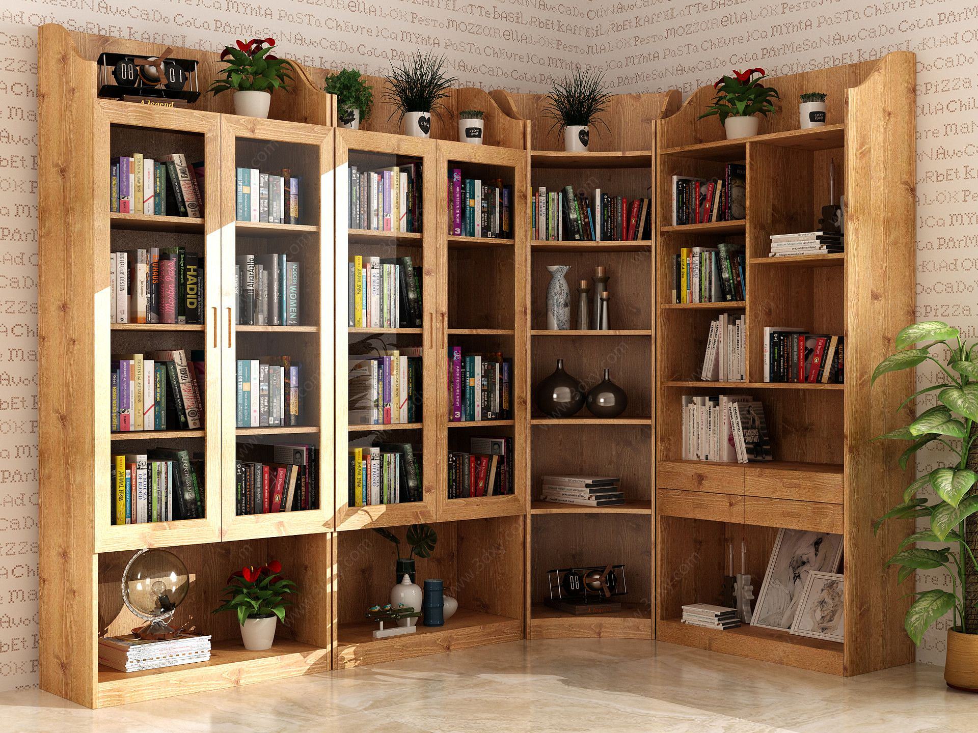 现代实木转角书柜书籍组合3D模型