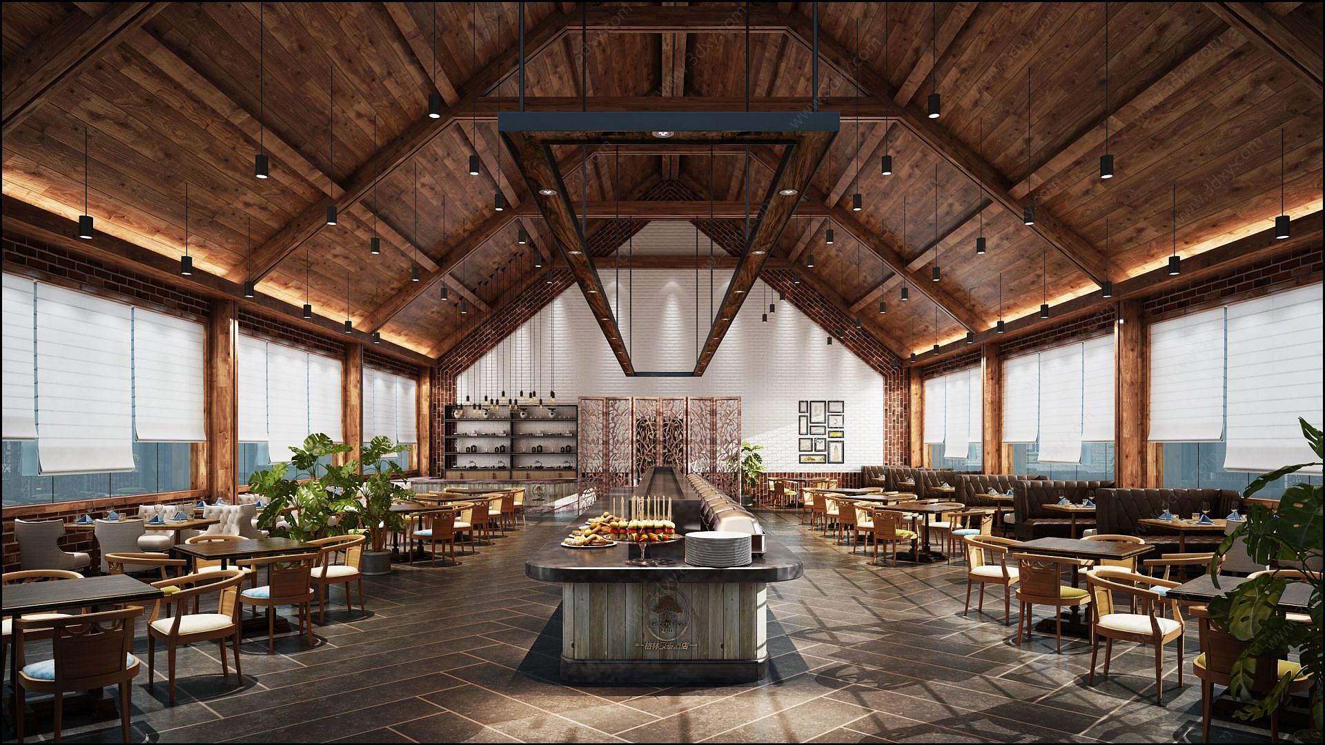 现代实木餐厅餐馆空间3D模型