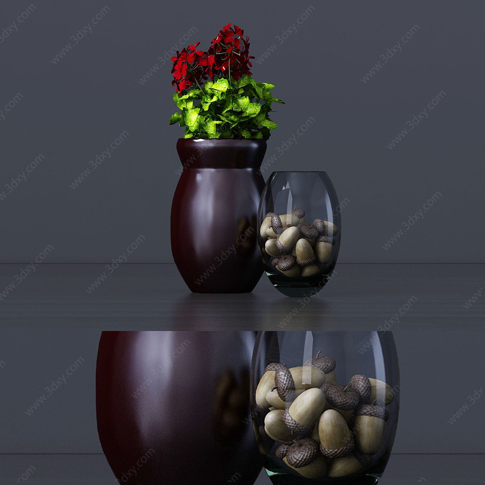 瓷坛玻璃花瓶组合3D模型