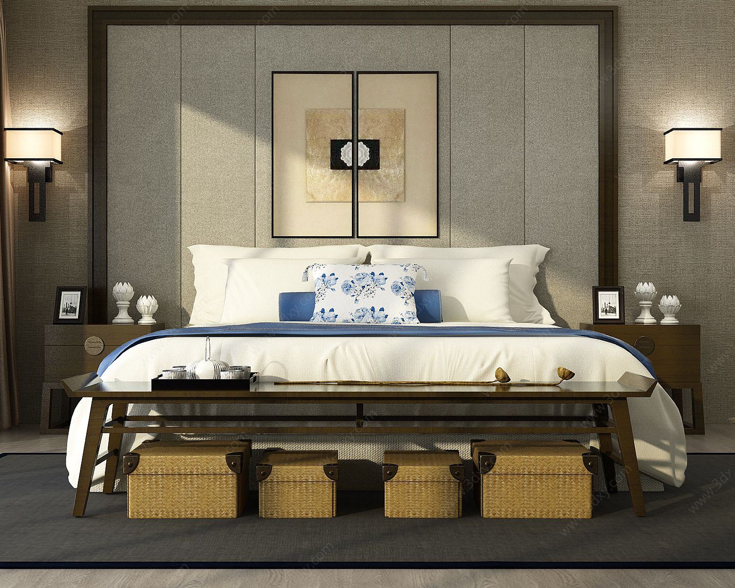 复古卧室双人床3D模型