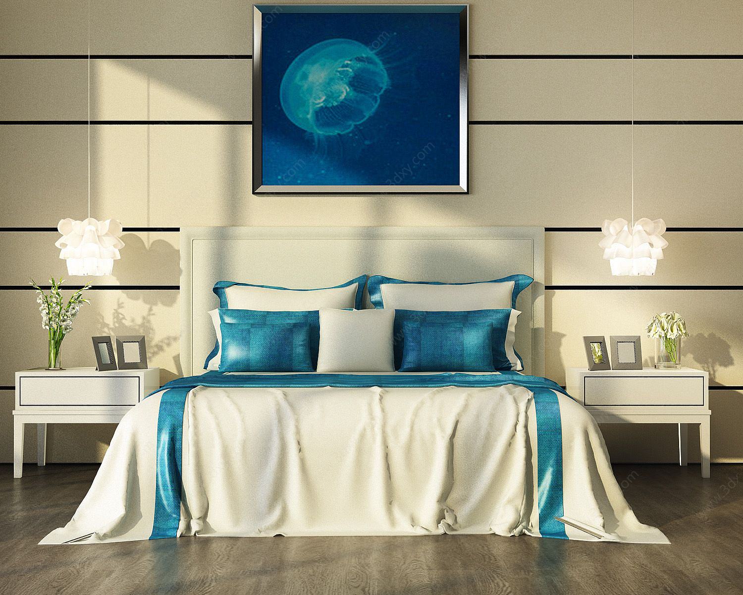 蓝色简约卧室双人床3D模型