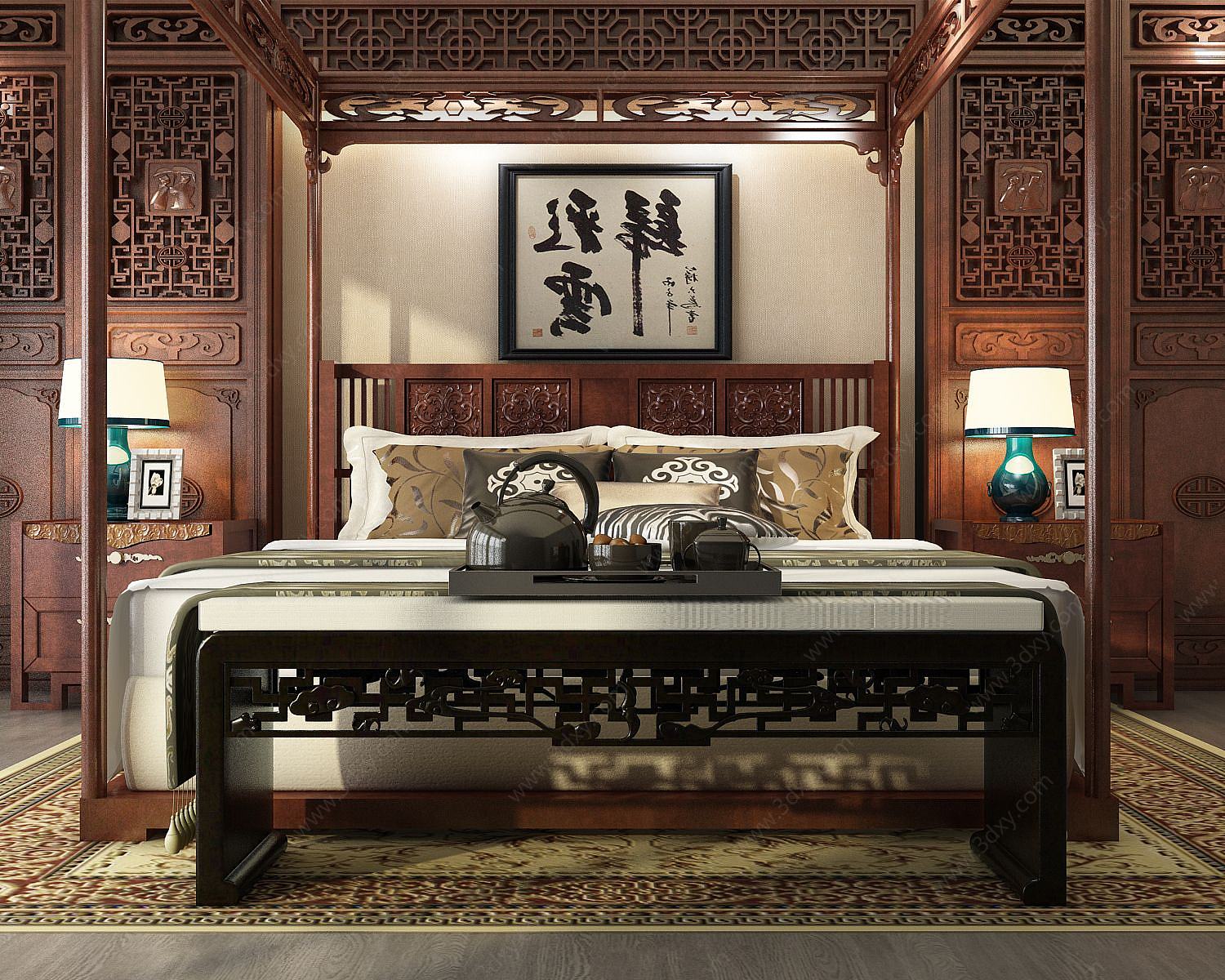 新中式卧室双人床组合3D模型