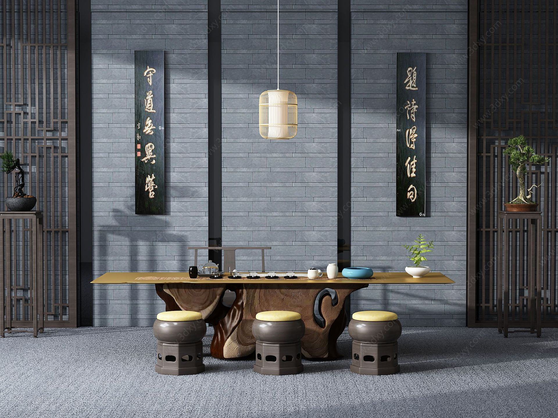 中式泡茶桌椅子3D模型