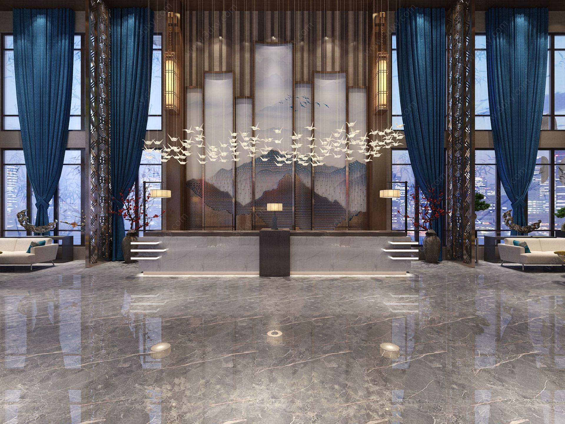 中式风格酒店大堂3D模型