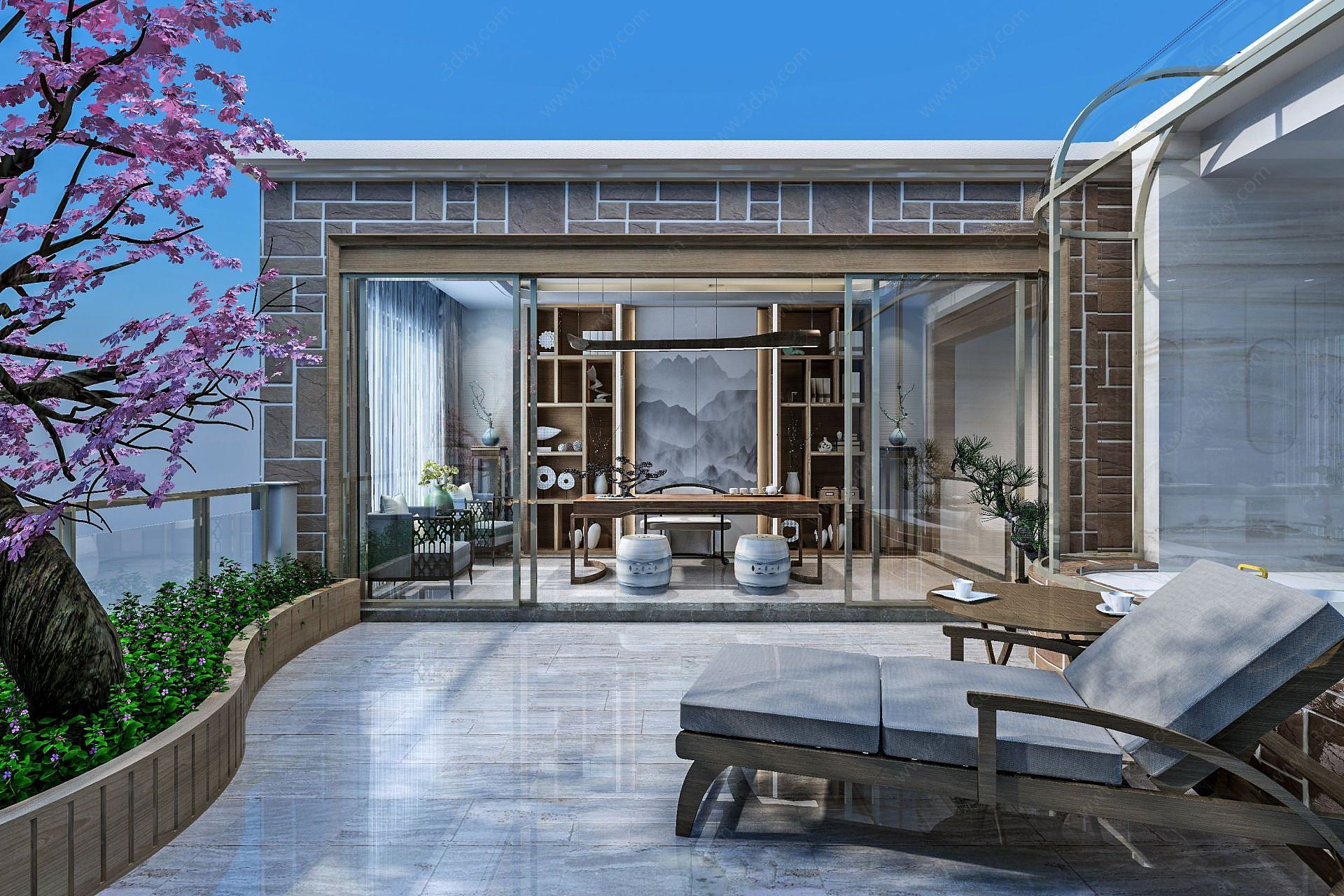 新中式花园阳台景观3D模型