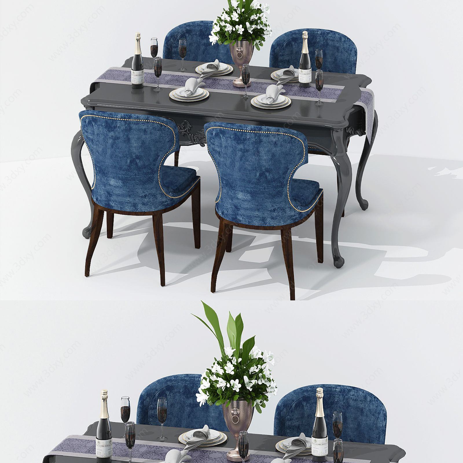 欧式方形餐桌椅组合3D模型