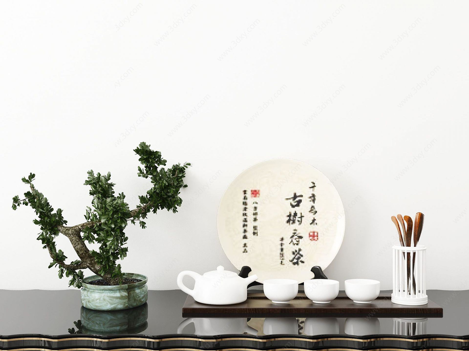 植物盆栽茶具摆件组合3D模型