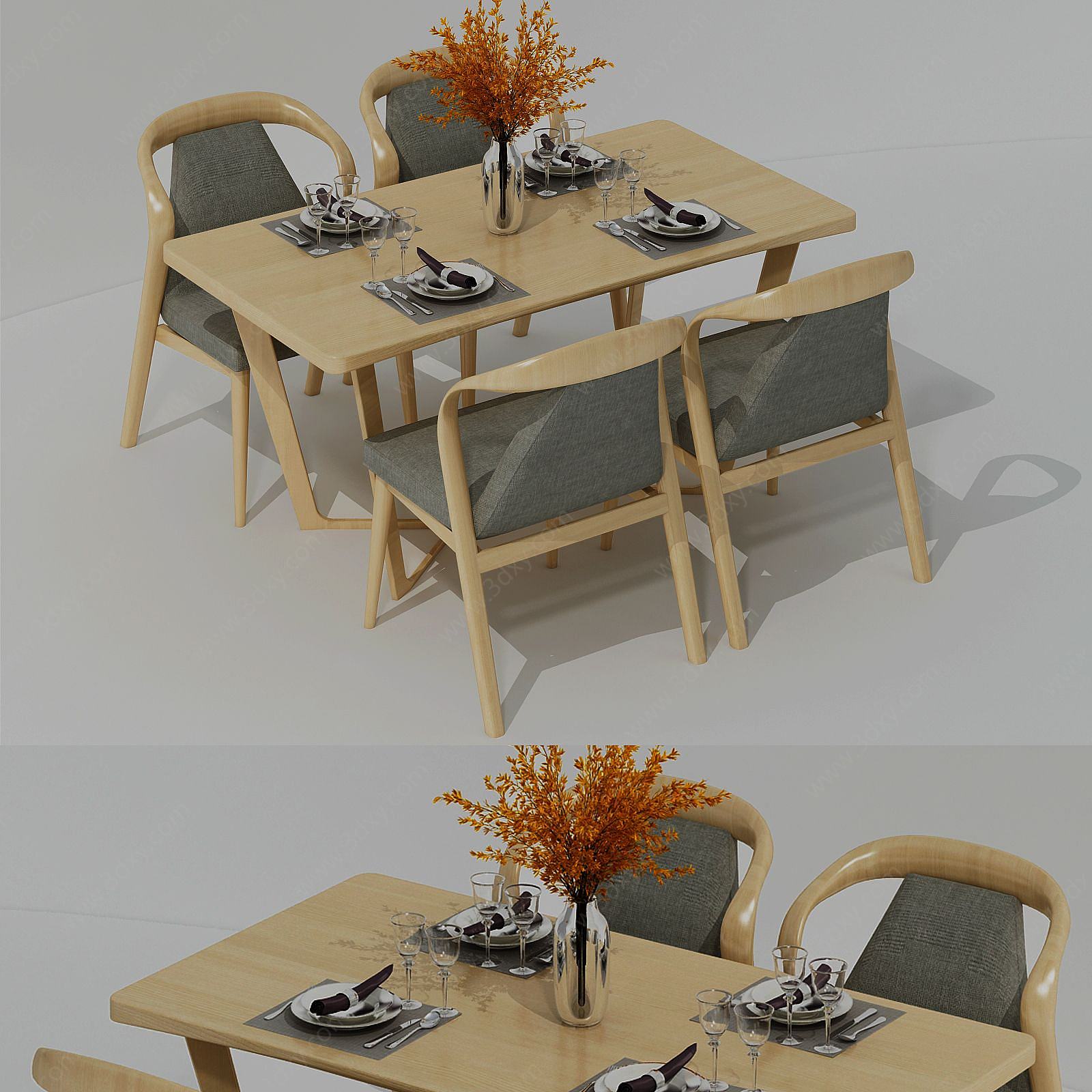 北欧棉麻四人组餐桌3D模型