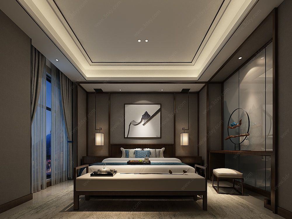 新中式卧室双人房3D模型