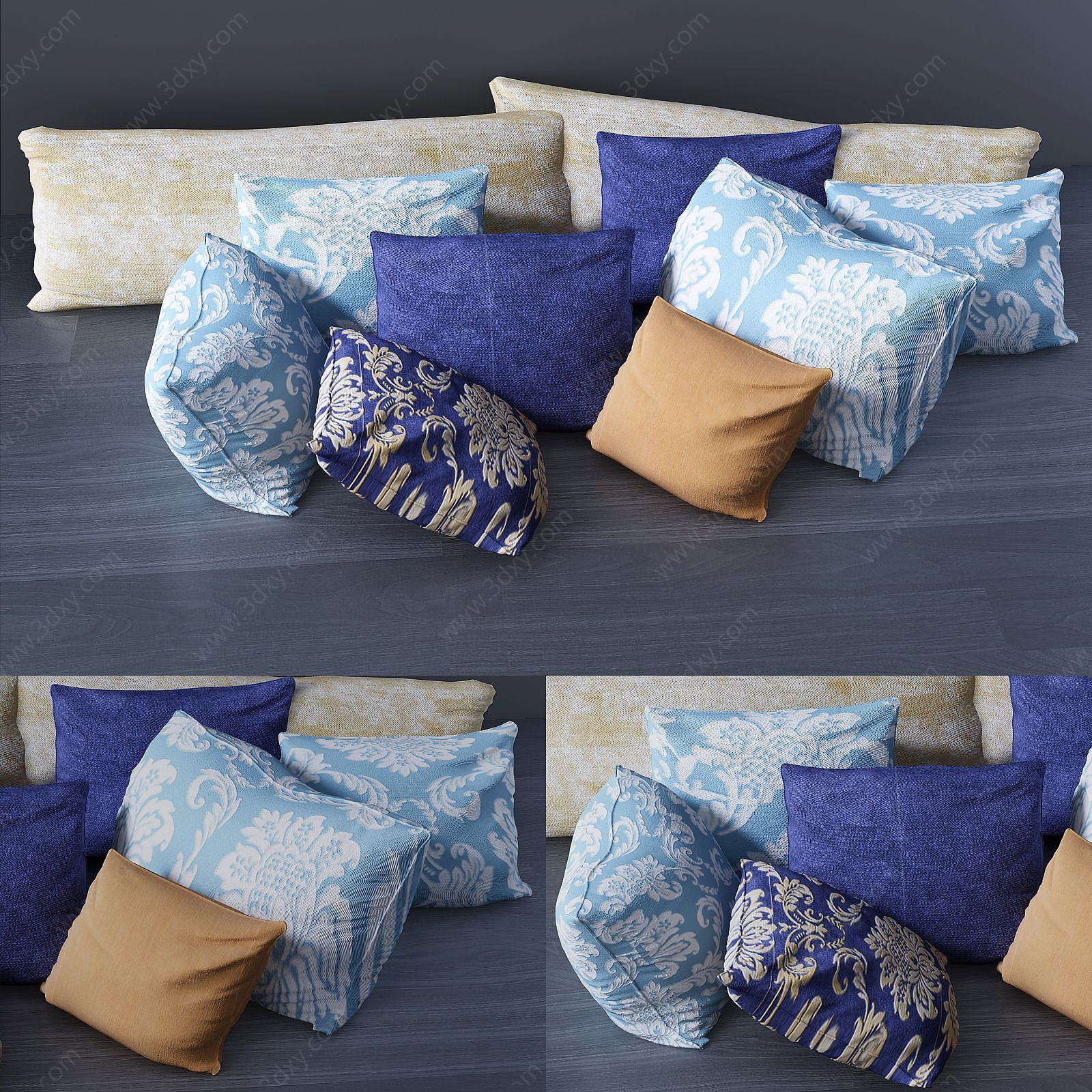 青花瓷抱枕靠枕装饰组合3D模型