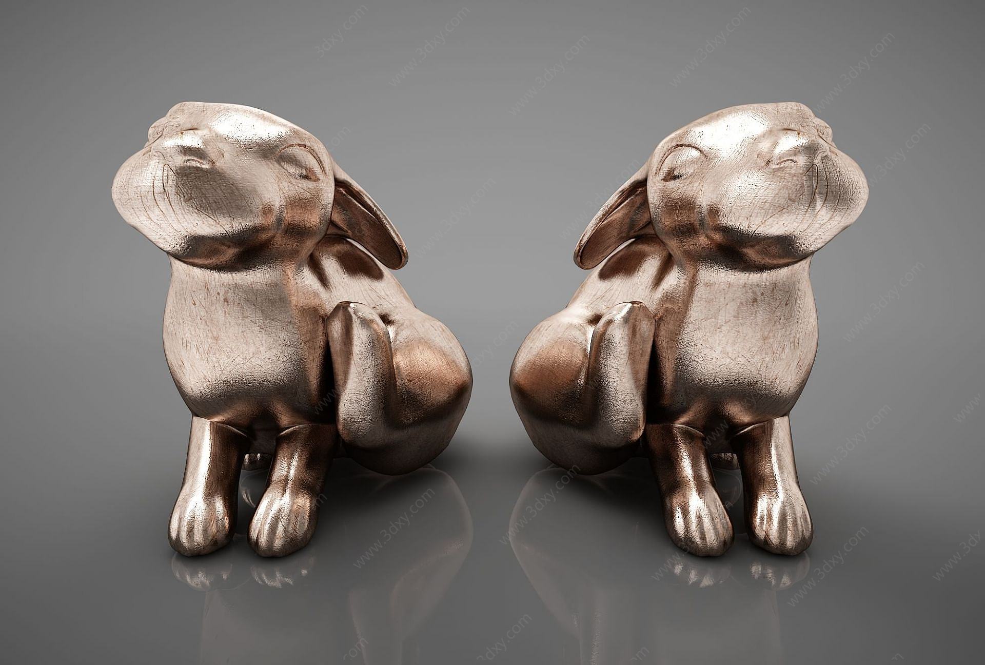 金属兔子雕塑摆件组合3D模型