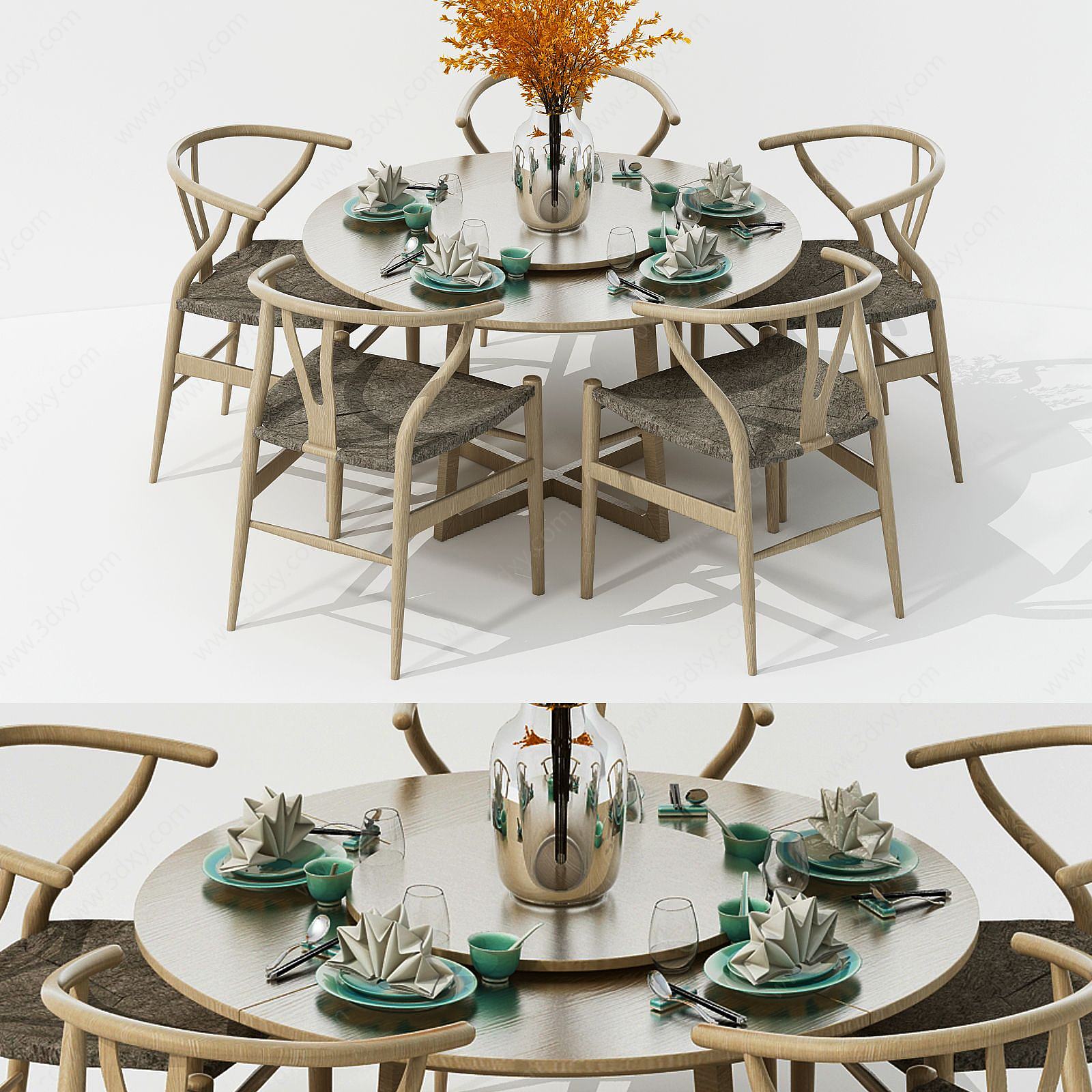 新中式纯木餐桌椅组合3D模型
