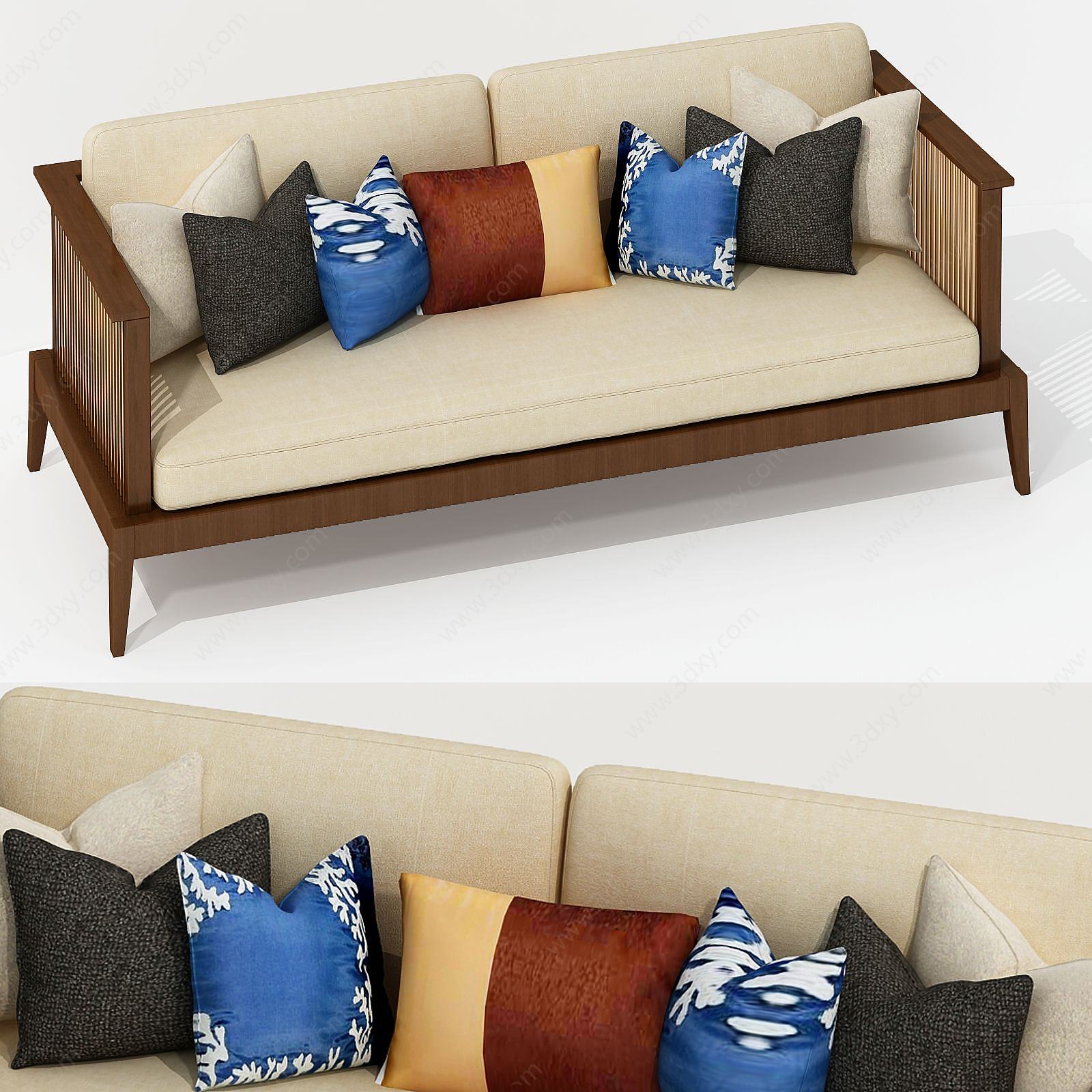 新中式布艺多人沙发3D模型