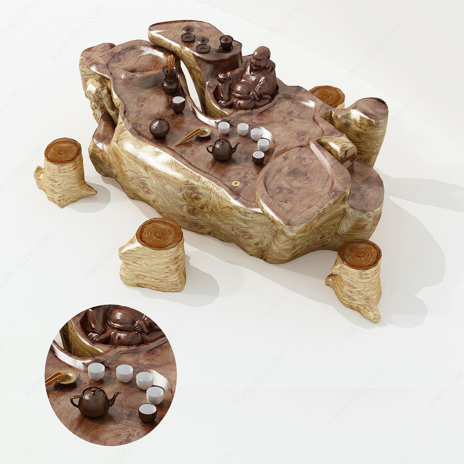 新中式玉质茶桌椅茶具3D模型