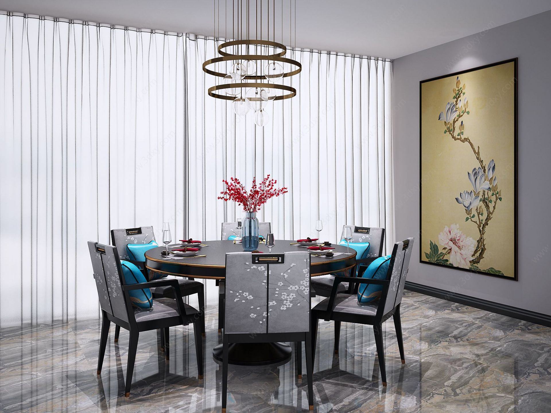 新中式餐厅桌椅吊灯3D模型