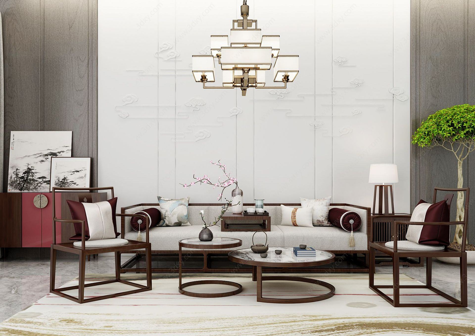 新中式客厅沙发木质桌椅3D模型