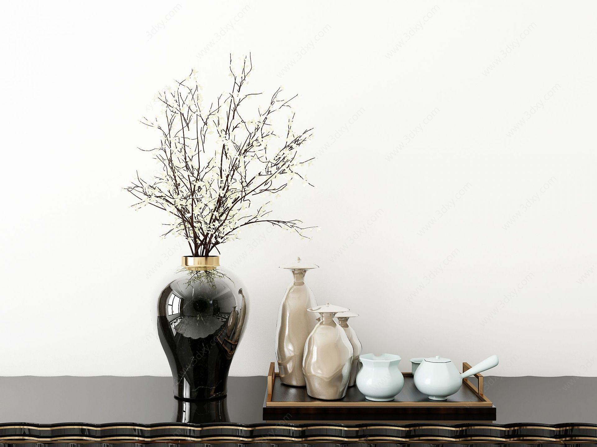 新中式花瓶花卉茶具3D模型