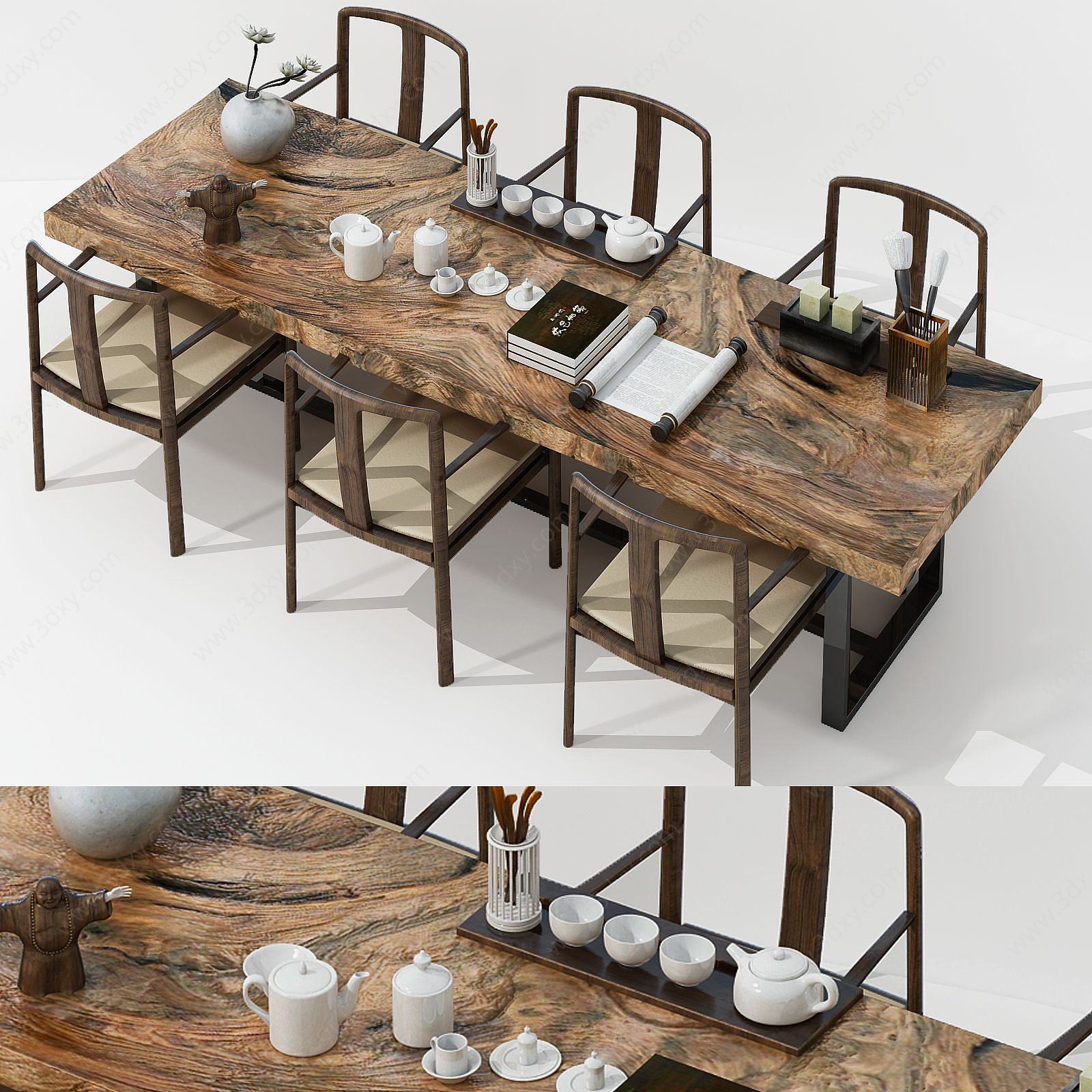 新中式茶桌椅子组合3D模型