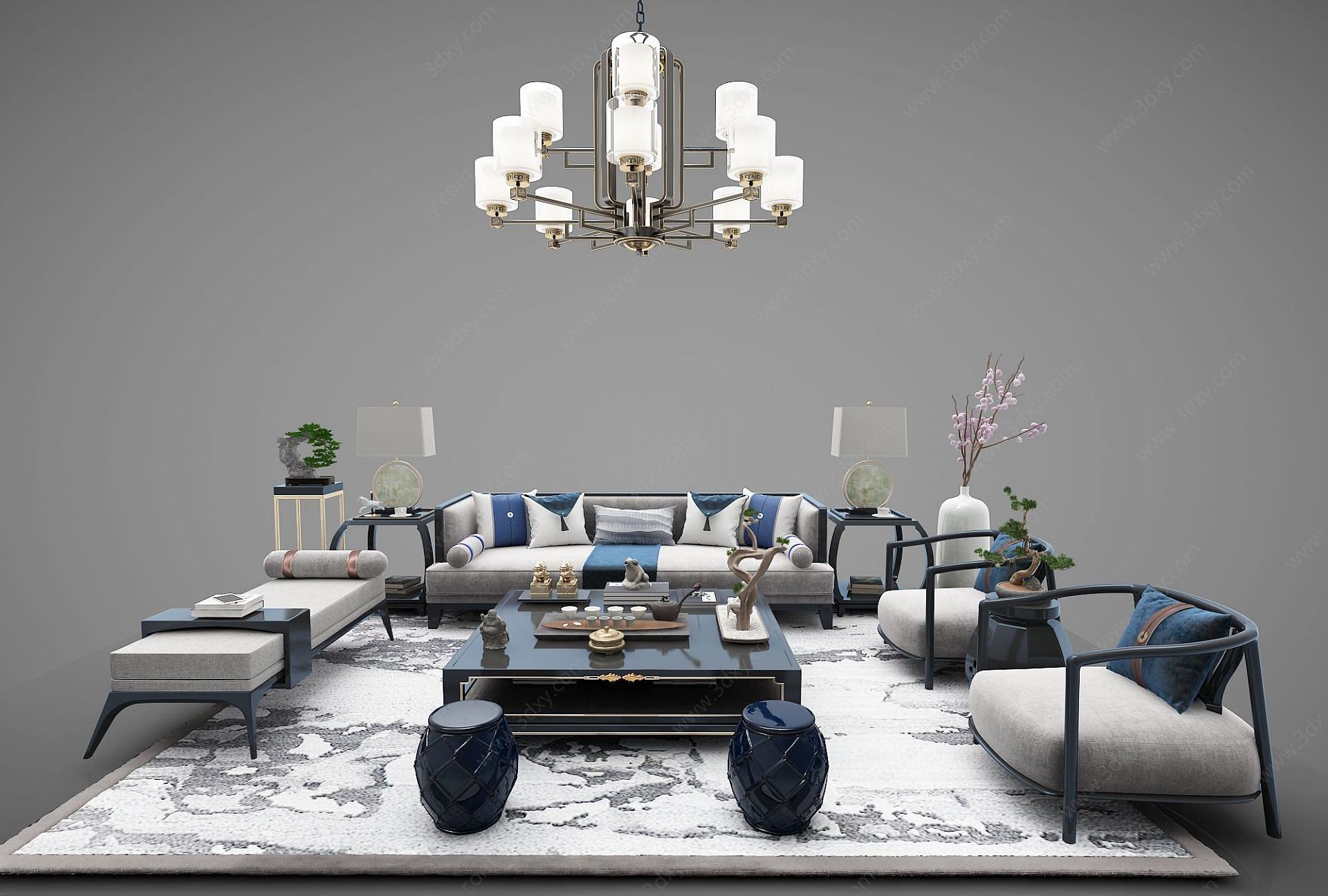 新中式沙发茶几水晶灯桌椅3D模型