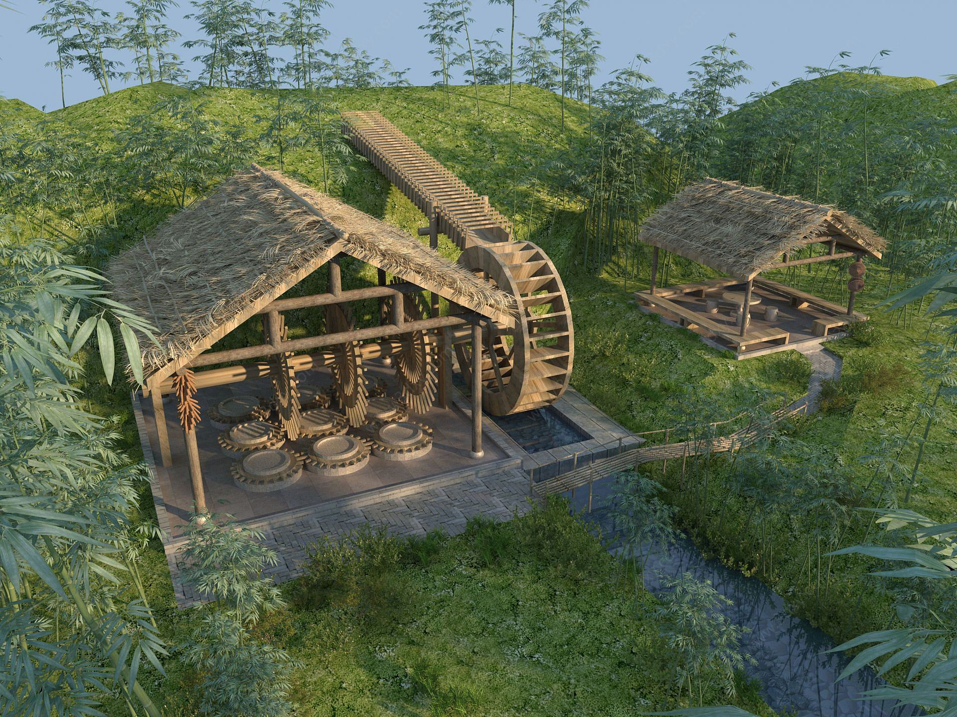水车磨坊园林景观3D模型