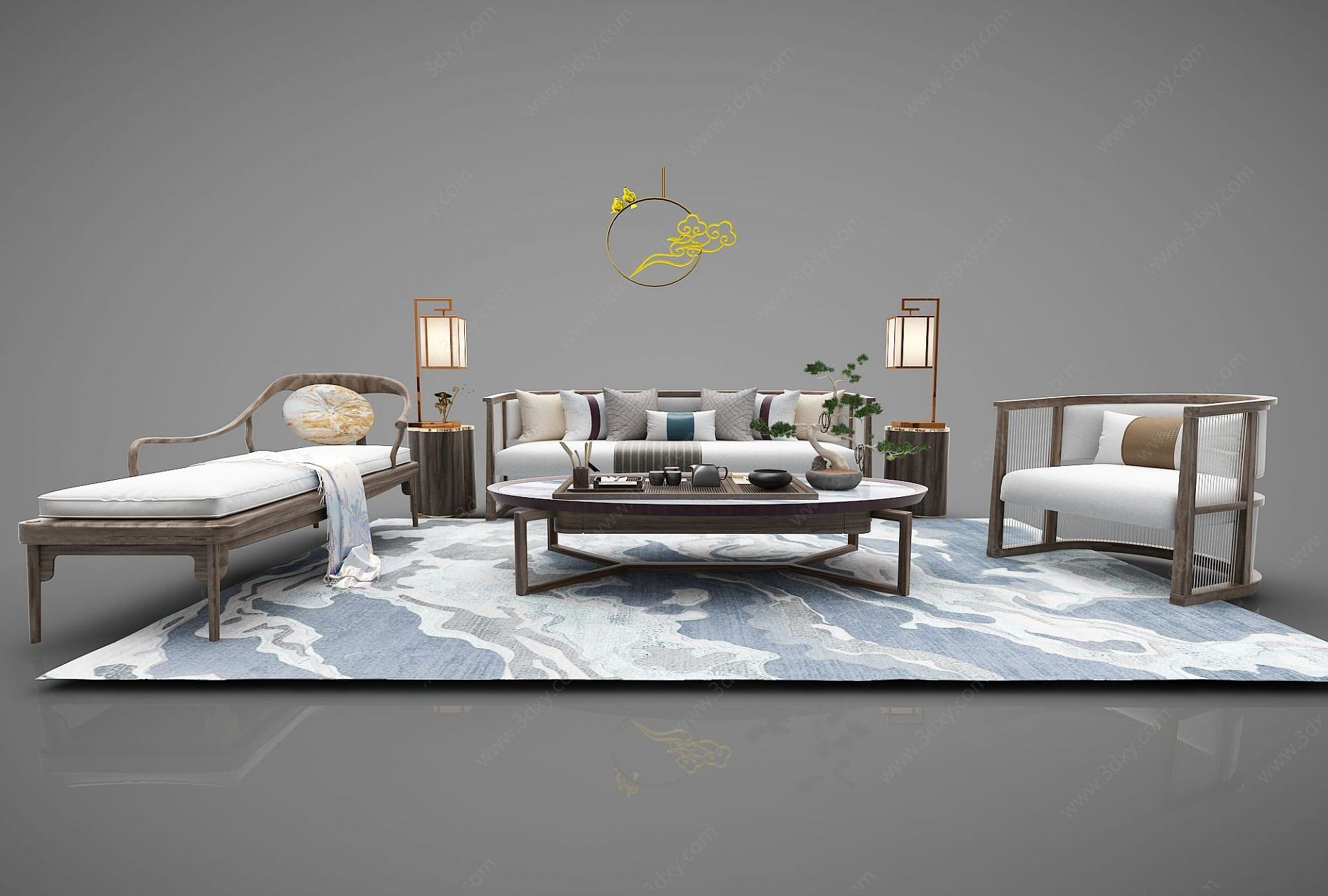 新中式沙发茶几罗汉床3D模型