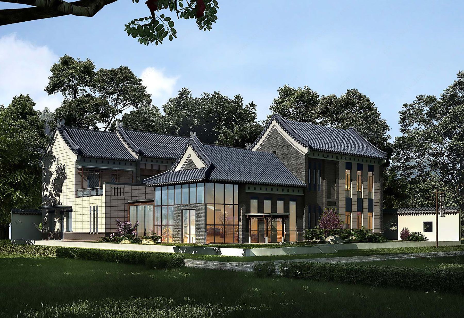 新中式别墅建筑3D模型