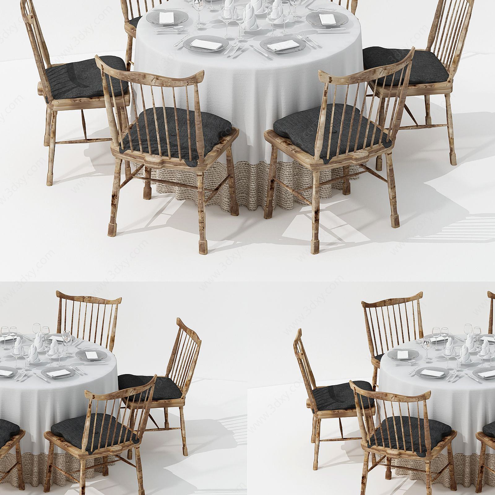 新中式纯木餐桌椅3D模型